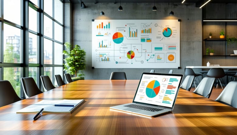 The image depicts a sleek, modern office space bathed in natural light, with a large wooden conference table at the center surrounded by ergonomic chairs. On the table, a laptop is open, displaying a colorful pie chart representing budget allocations, alongside a notepad filled with handwritten notes and a pen. In the background, a whiteboard is filled with flowcharts and bullet points outlining expense management strategies. Potted plants add a touch of greenery, while a large window offers a view of a bustling cityscape. The overall atmosphere conveys a sense of professionalism and focus, highlighting the importance of effective expense management in a corporate environment. 